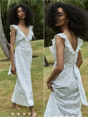 Doen Lucette Floral Maxi Dress Organic Cotton Lace Trim Blue White Size L NWT